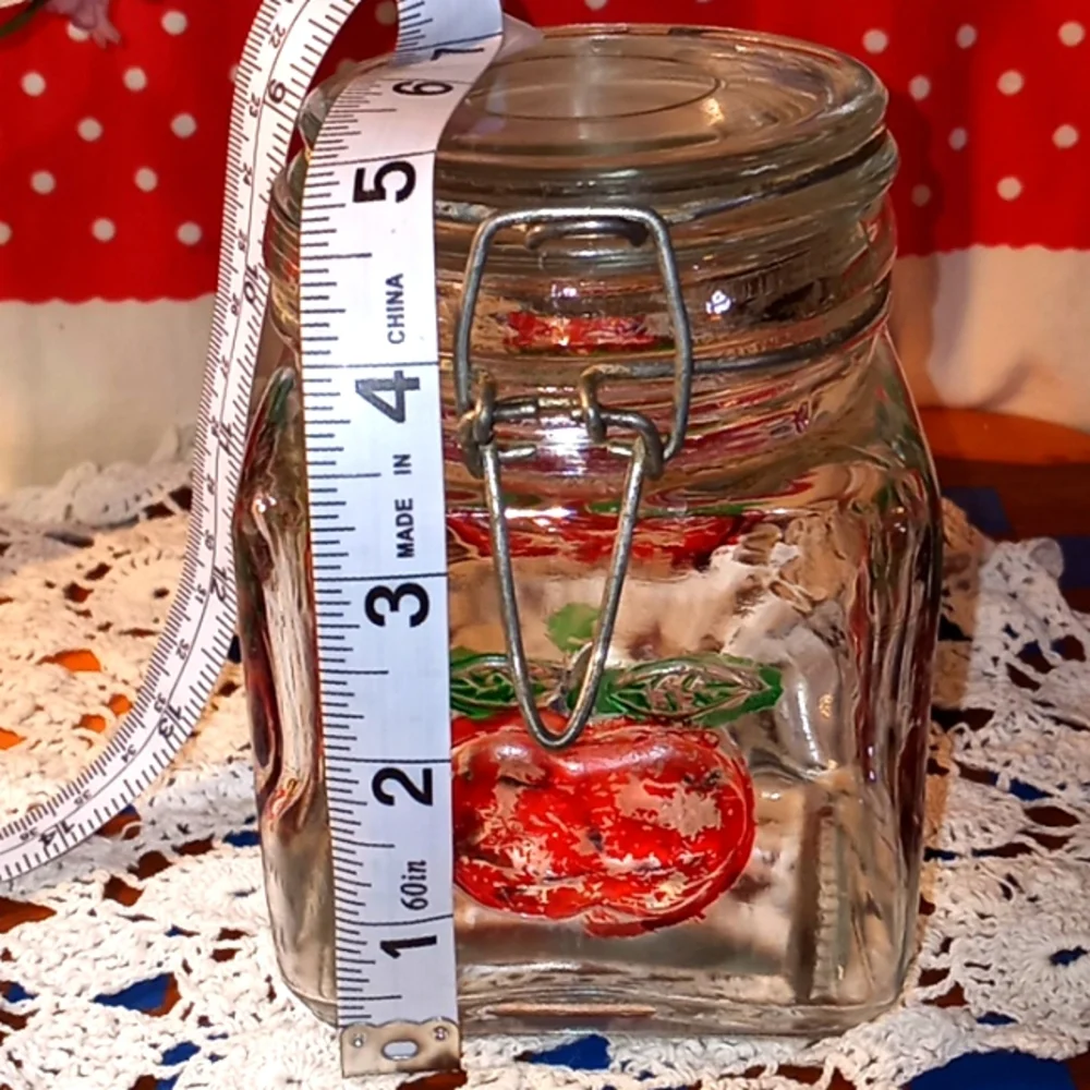 VINTAGE RETRO GLASS 4 SIDED HAND PAINTED DISTRESSED SQUARE APPLE SUGAR JAR